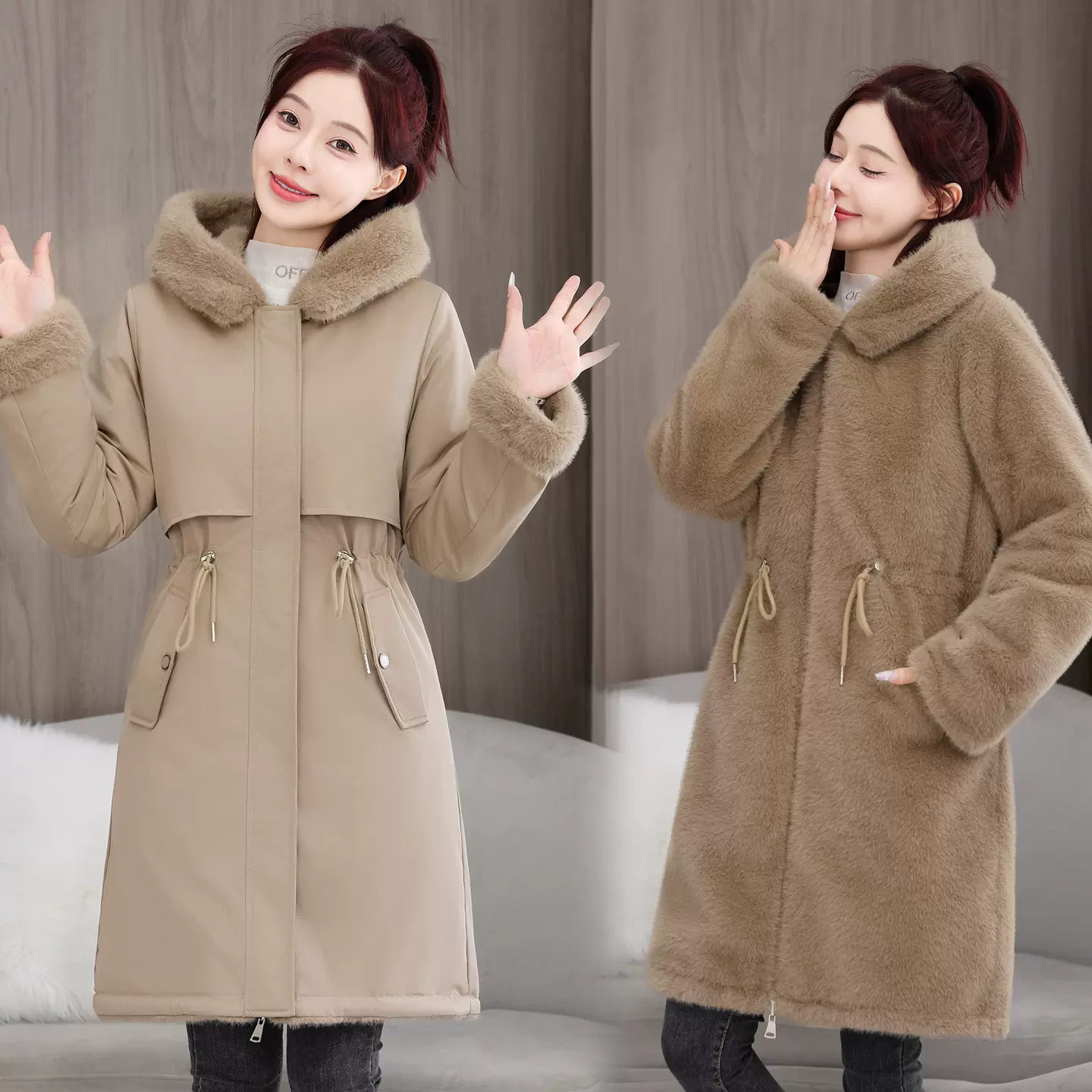 两面穿派克服女冬季新款韩版收腰显瘦连帽毛毛加厚棉服中长款棉衣