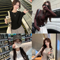 ピンチウエストスリムレディース長袖2025新作ホットガールTシャツレディース春秋無地スリム万能ボトムシャツトップ