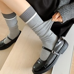 韩系拼色小腿袜女秋冬堆堆袜双针显瘦及膝袜撞色JK袜子