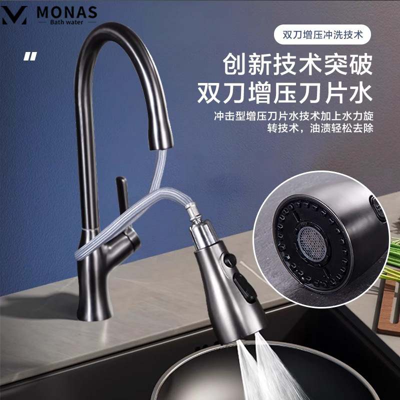 Kitchen Faucet with Pull-Out Copper Spray, Three-Way Hot and Cold Water, Splash-Proof, Retractable, Brushed Finish, Sink Washbasin, Pull-Out Type