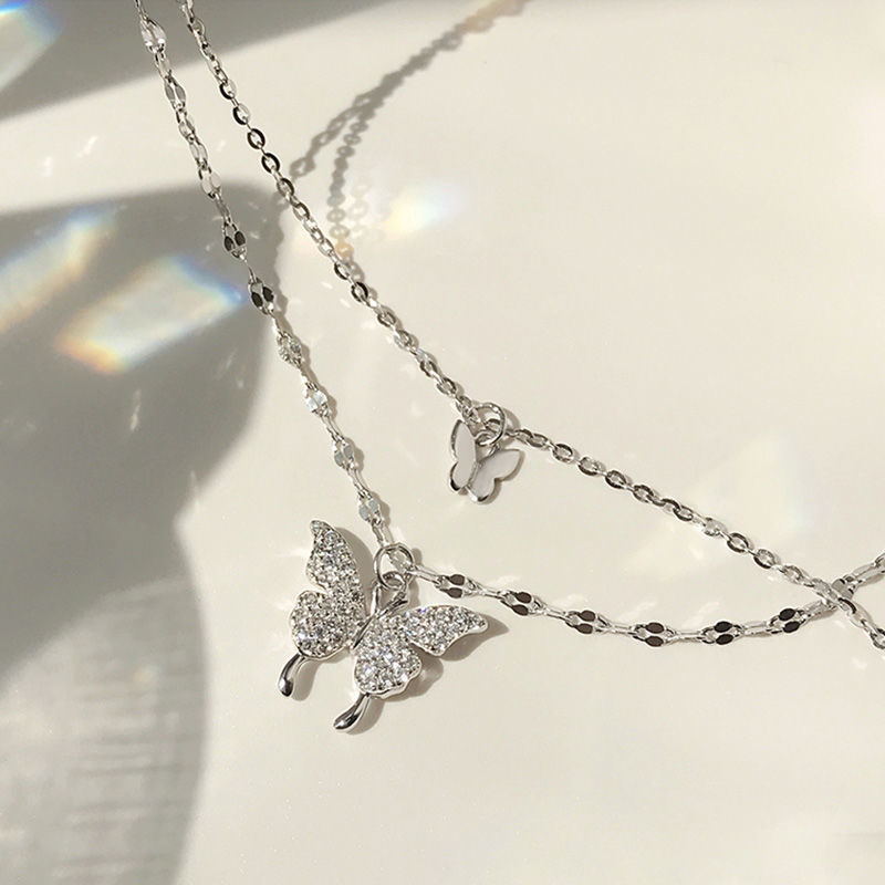 Collana a farfalla con zirconi micro incastonati a doppio strato coreano da donna, con diamanti scintillanti, delicata collana fredda_voghion.com