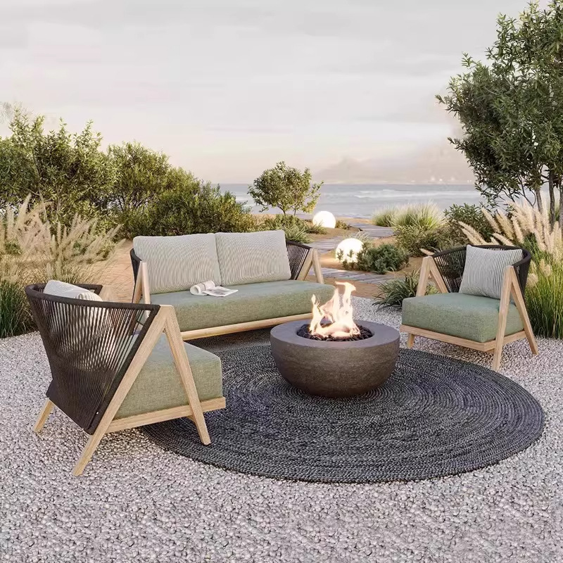 Sofá de teca al aire libre patio al aire libre villa jardín tela de caña anticorrosión mesa de té combinación de ocio al aire libre muebles de madera maciza