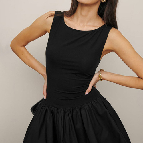 European and American Cross-border Spring and Summer New Women's Clothing Amazon Plain Color Sleeveless Round Neck High-Waist Splicing Dress Wholesale