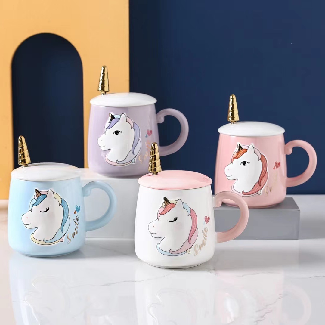 Creativo personalizado en relieve unicornio Taza de cerámica con tapa cuchara estilo coreano Oficina beber chica corazón