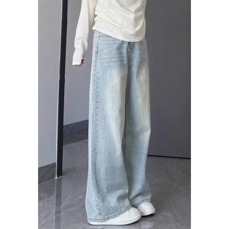 Light-Colored Straight-Leg Jeans for Women, Autumn New Plus-Size Loose Slimming Drape Pear-Shaped Figure Wide-Leg Pants