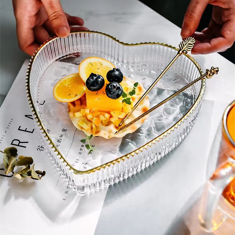 Phnom Penh Crystal Transparent Flat Plate Shallow Plate Heart-Shaped Plate Red Home Fruit Plate Glass Plate Women's Jewelry Plate