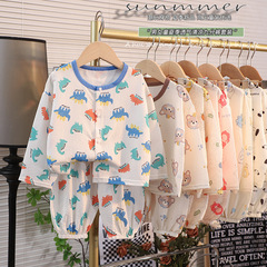 2025夏の子供の長袖のズボンの部屋の服のスーツのレジャーの下着の赤ちゃんの薄いタイプのパジャマのパジャマのズボンのエアコンの服