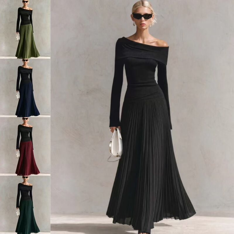 2026 European and American cross-border elegant black off-shoulder knitted long-sleeve pleated chiffon color-blocked ultra-long dress for women