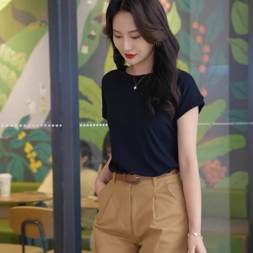 Women's round neck summer pure color simple batwing sleeve T-shirt, loose short sleeve casual and versatile T-shirt for women