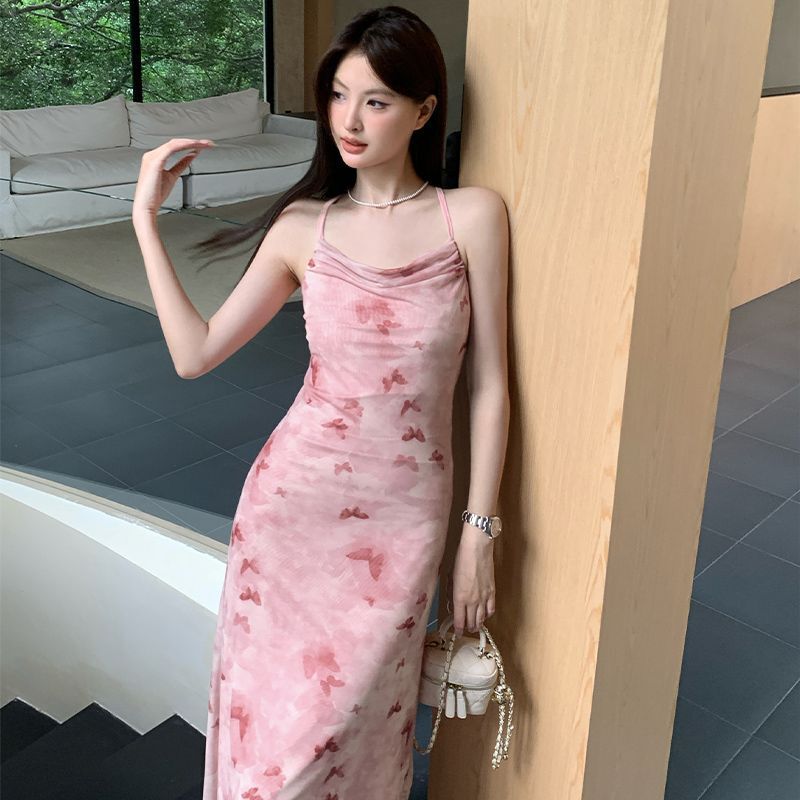 Super Fairy Butterfly Mesh Dress Printed Swing Collar Suspender Top Women's Short Mid-Length Skirt Hot Long Skirt