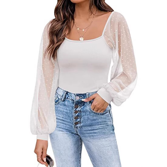 Top de Verano 2025 para Mujer, Estilo Europeo y Americano, Transparente, con Mangas Farol, Diseño de Parches, Ajustado