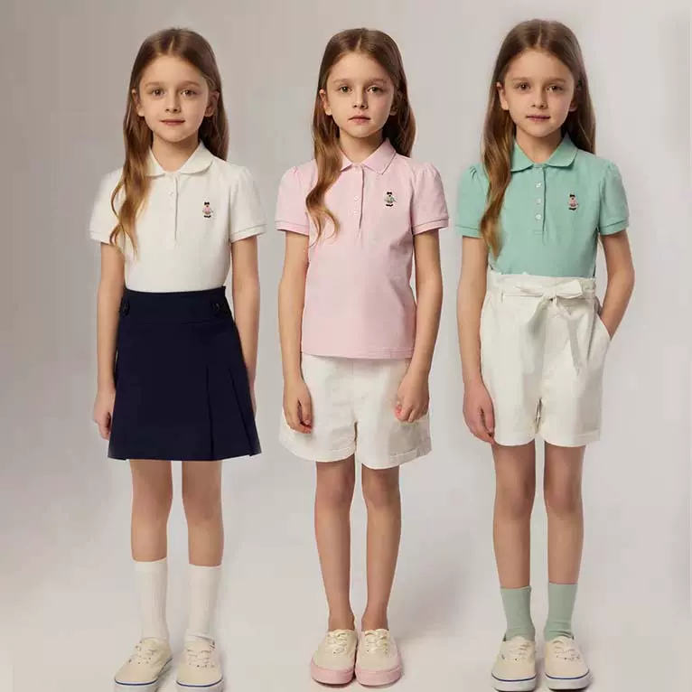 25夏季新款中大童短袖女童网眼翻领polo衫纯棉卡通刺绣小熊童T恤
