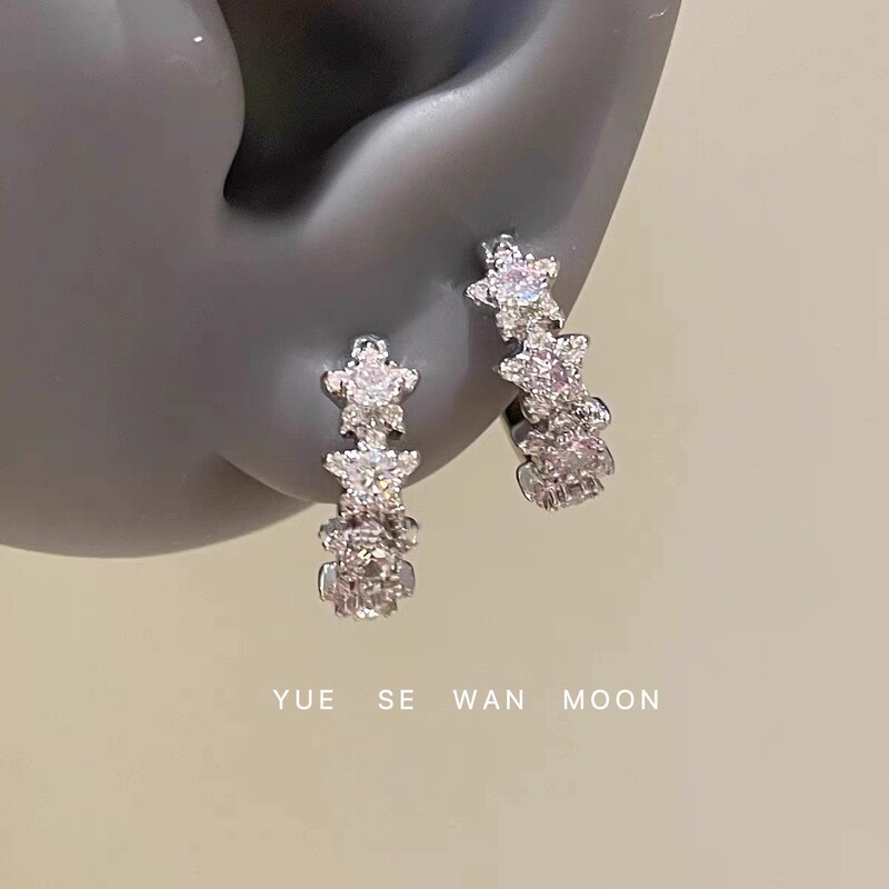 重工直针繁星满钻耳环超闪锆石星星耳蜗环日韩个性简约百搭耳圈|undefined