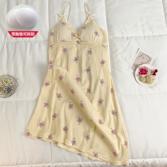 Verano nuevo estilo dulce amor camisón falda media femenina con almohadilla en el pecho lindo algodón imitación pliegue tirantes hogar camisón delgado