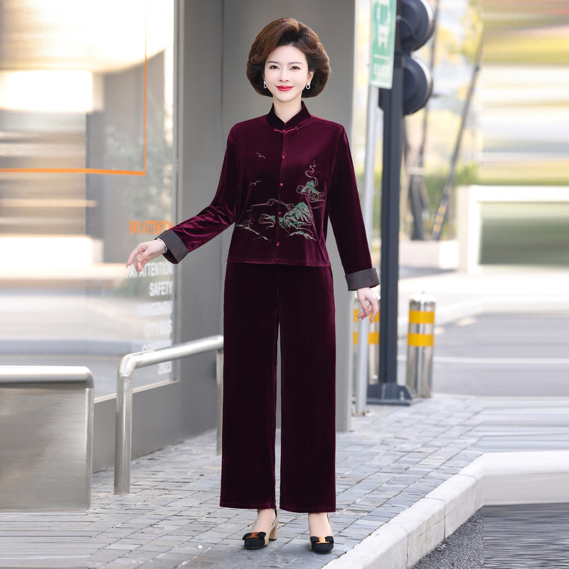 中年妈妈秋装套装洋气中老年金丝绒上衣服春秋季新中式国风外套女|undefined