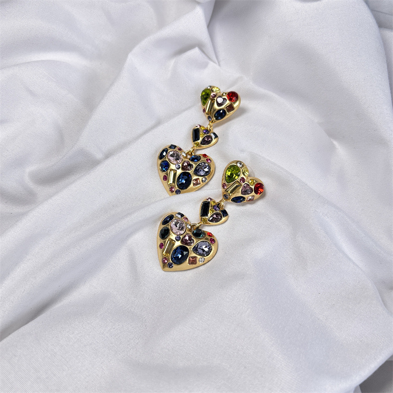 Oscar歐美復古金色愛心形不規則異形彩鑽耳釘耳墜桃心飾品女