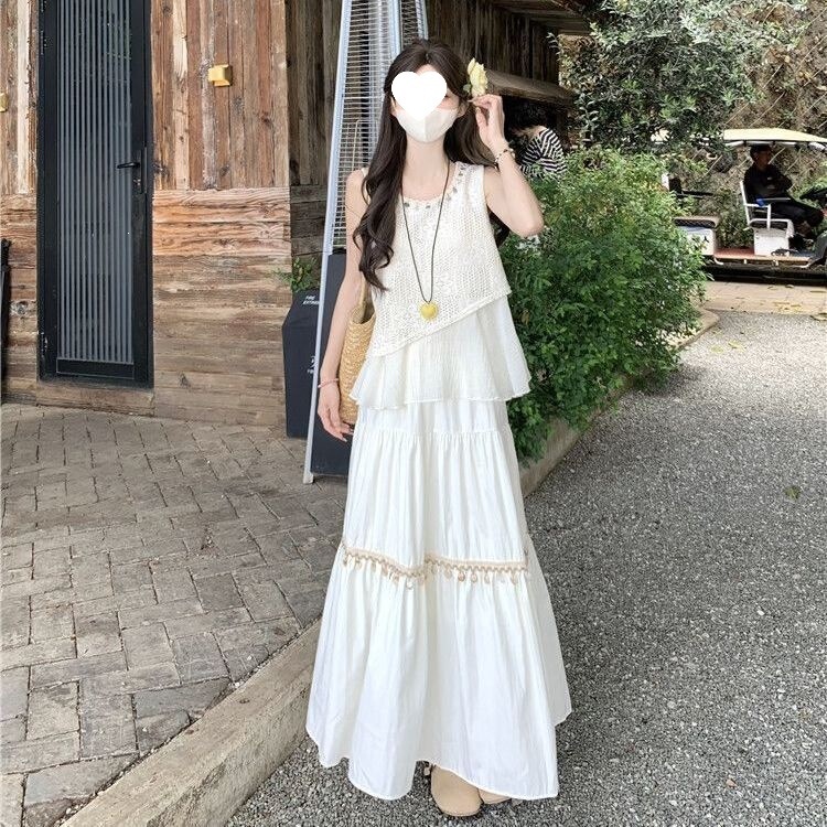 2026 Summer Artistic National Style Retro Hollow Out Strap Dress Set Ethnic Style Sleeveless High Waist Two-Piece Set