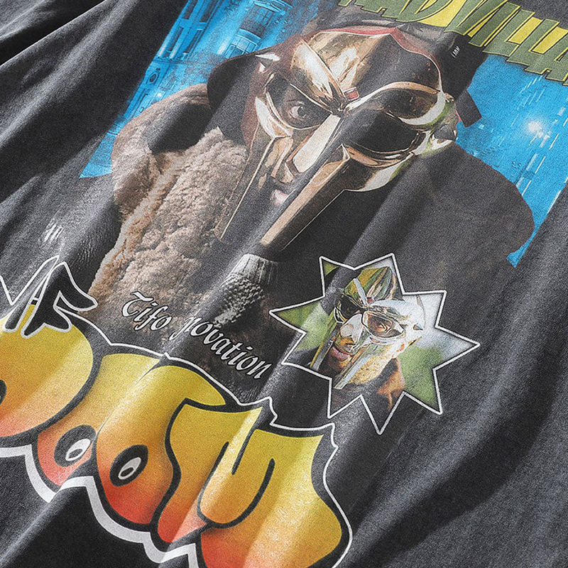 Kurzes Hip-Hop-T-Shirt für Herren mit Rap-Sänger-Charakter-Print, Rundhalsausschnitt, halblange Ärmel, Sommermode-Label_voghion.com