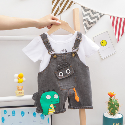 Foreign trade children's clothing wholesale children's short-sleeved suit boys cartoon pocket dinosaur T-shirt short-sleeved denim overalls