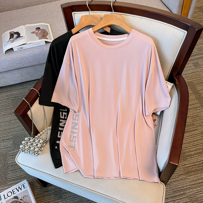 300-килограммовый толстый MM большой размер свободного дикорастущего сушки повседневная футболка с ледяным шелком с круглым рукавом спортивный повседневный топ