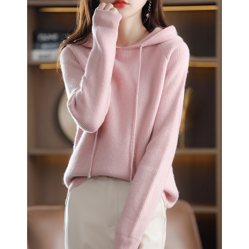 Autumn and Winter Loose Pure Color Long-Sleeved Elegant Work Clothing Pink Pullover Hooded Korean Style Knitted Wool Sweater Base Sweater