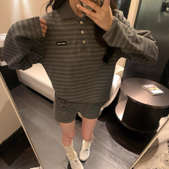 南油女装M家25新品Polo领条纹字母刺绣长袖百搭上衣+短裤套装