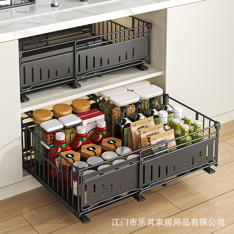 パンチングなしのキャビネット収納ラック、伸縮式折りたたみバスケット収納ラック、食器用キッチンシンク下引き出し式収納ラック|undefined