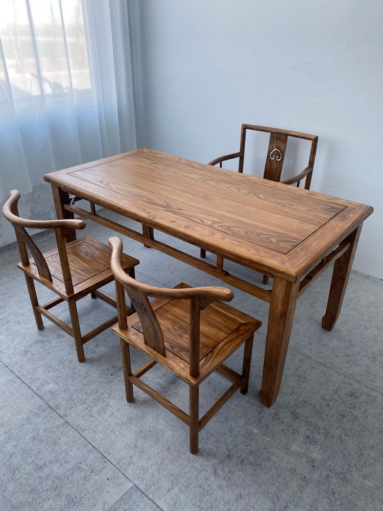 老榆木马蹄桌家用方桌八仙桌侘寂风实木茶桌中式长条束腰马蹄桌凳