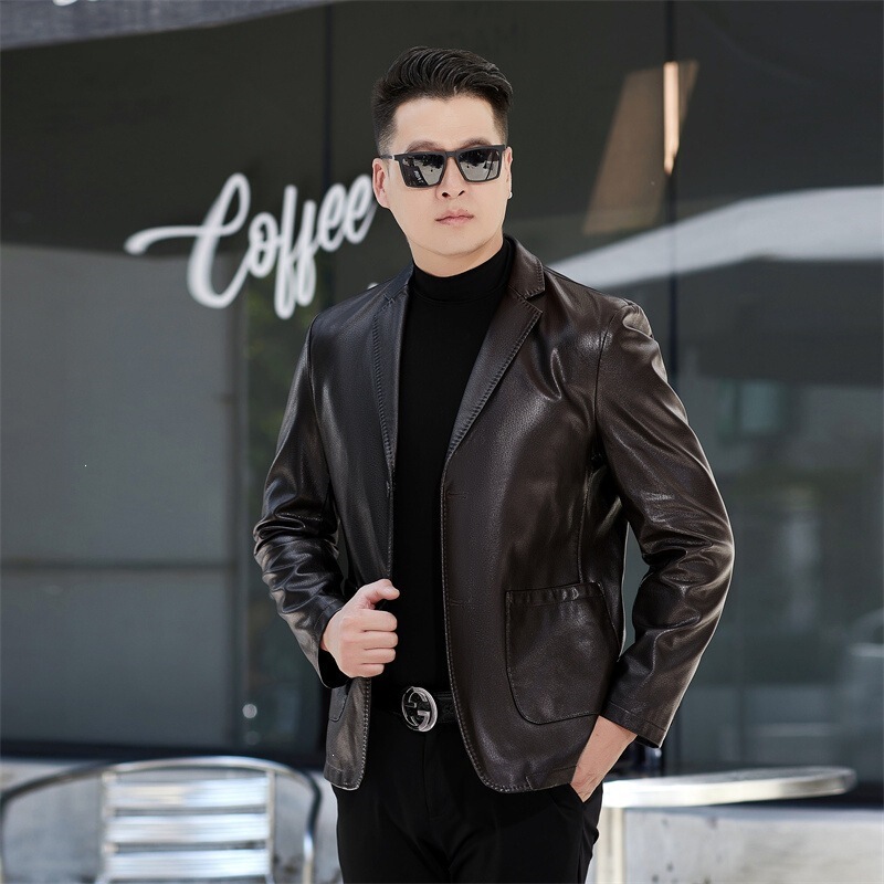 2026 New Model Top Layer Sheepskin Genuine Leather Suit Collar Men's Slim Fit Leather Jacket for Dad