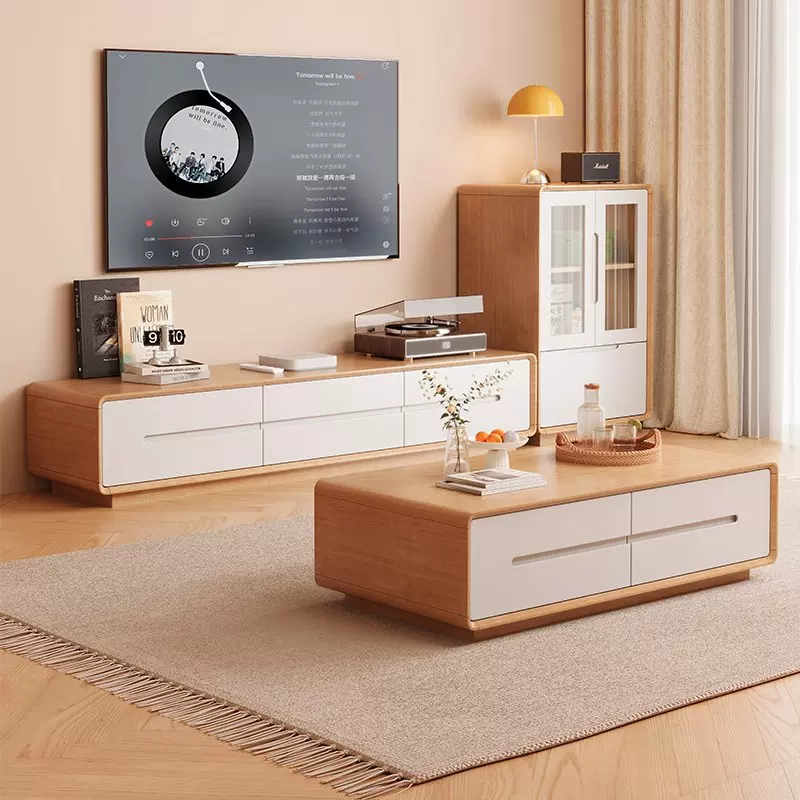 奶油风全实木电视柜法式电视机柜茶几组合客厅家用地柜原木电视柜