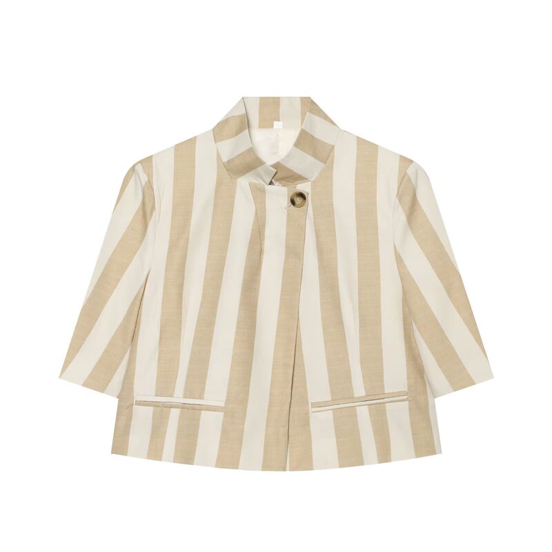 Aliexpress Wholesale Summer New Women's Versatile Striped Stand Collar Single Button Short-Sleeve Blazer 7179051