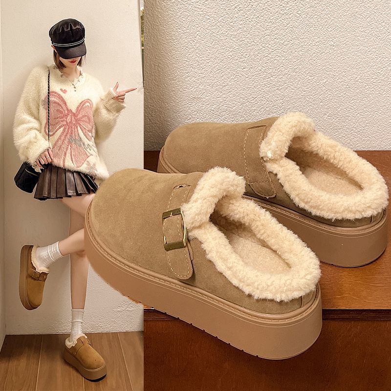 Furry Cotton Slippers Women's Shoes 2025 New Autumn and Winter Fleece-Lined Birkenstock Shoes Thick-Soled Warm Toe Half Slippers Size 34