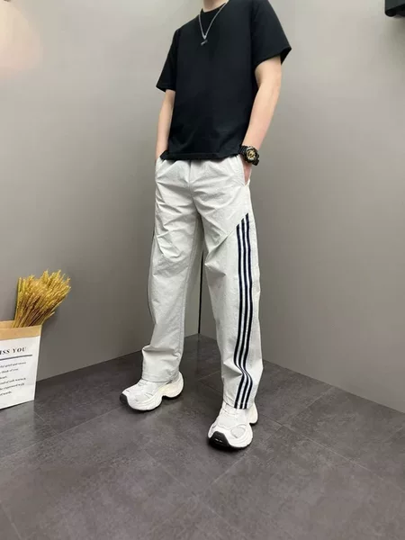 Men's Summer Color-Block Casual Pants, American Retro Style, Trendy Brand, Sports Three-Stripe Design, Coffee Color, Straight-Leg Long Pants