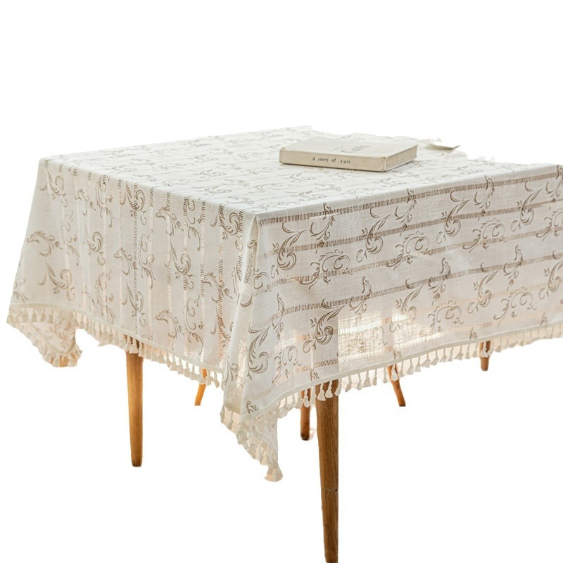 INS Rechteckige Tischdecke aus Vollpolyester, Jacquard-Druck, hohl, geometrisch gestreift, mit Quasten, für Couchtisch und Esstisch_voghion.com