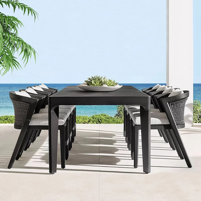 Mesa al aire libre sillas patio terraza villa impermeable al sol mesa larga de teca al aire libre jardín anticorrosivo mesa redonda de madera maciza