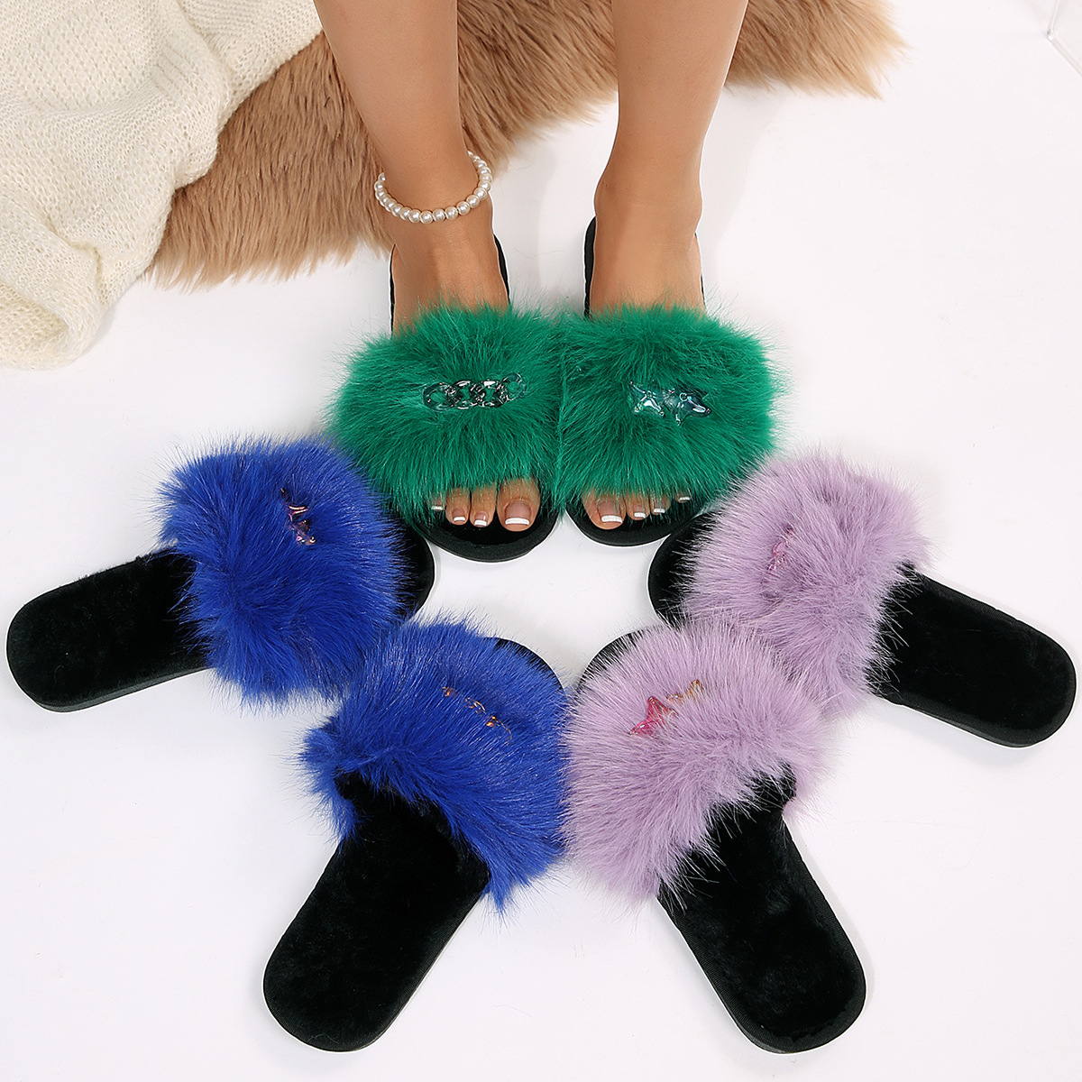 外贸仙女风毛毛拖女秋冬新款仿狐狸毛金属扣一字带平底防护毛拖鞋