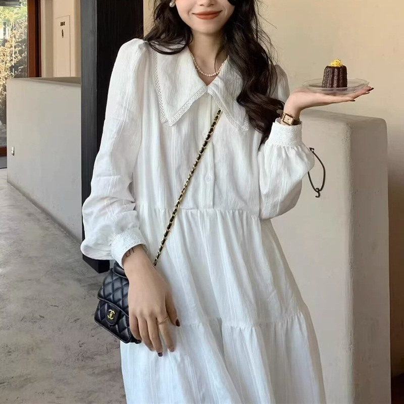 Gentle lazy style doll collar long sleeve dress Women's Spring and Autumn New French elegant white sweet fairy dress Gentle lazy style doll collar long sleeve dress Women's Spring and Autumn New French elegant white sweet fairy dress