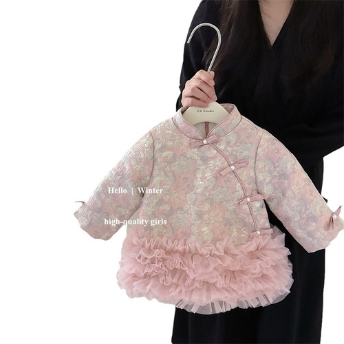 [Send in seconds] Girls' quilted double-sided Tang suit dress, new Chinese style mesh cheongsam dress, children's New Year's greetings dress