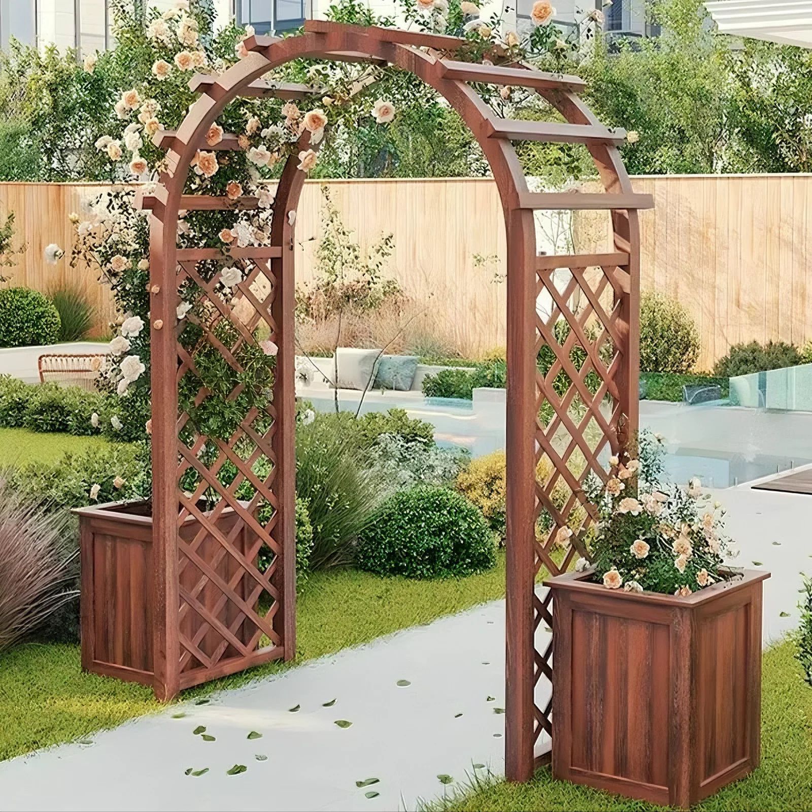 Decoración de patio al aire libre puerta de jardín de madera anticorrosión carbonada estante de uva de red semicircular estante de flores arco de arco de vid
