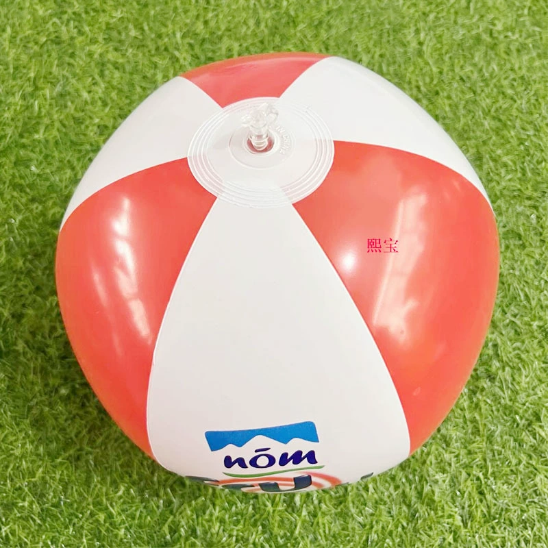 Производитель изготовил на заказ надувной пляжный мяч из ПВХ красного и белого цвета с рекламной надписью.