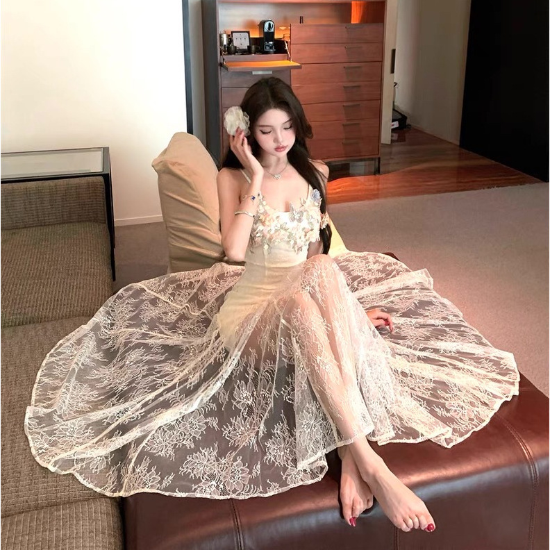 夏の美しい写真撮影ドレス、ヘビーレーススカート、フレンチエレガントなホリデーサスペンダーロングスカート|undefined