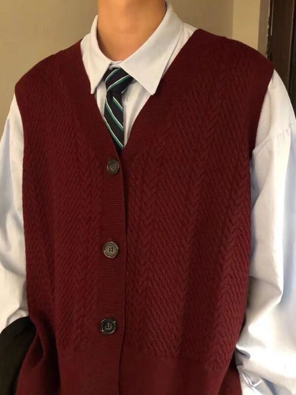 Vintage Japanese-Style Hong Kong-Inspired Burgundy Knit Cardigan Vest Men's Ins Sweater V-Neck Vest Jacket for Spring and Autumn