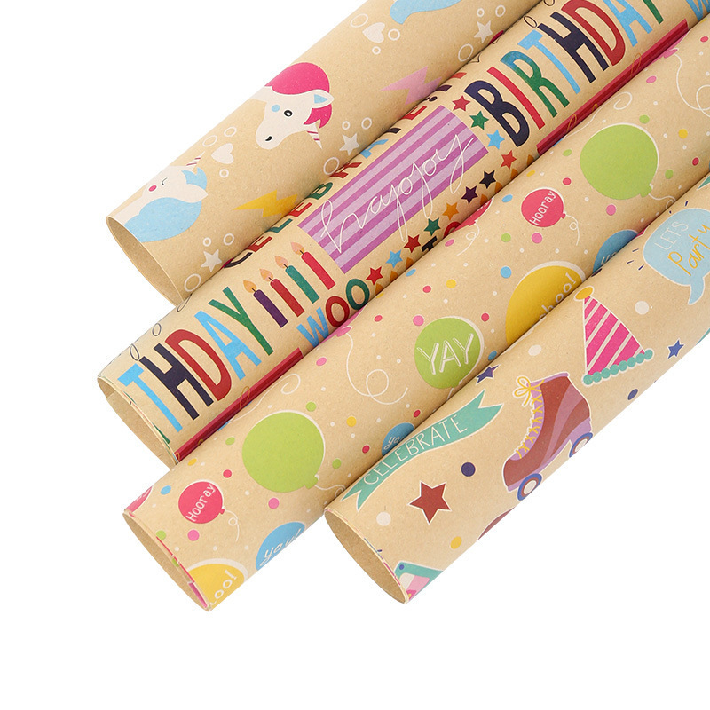 Transfronterizo nuevo feliz cumpleaños papel de embalaje de papel Kraft lindo libro de dibujos animados papel de regalo en stock al por mayor