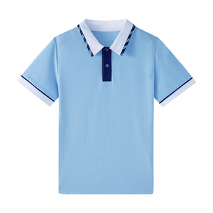 Children's Polo Shirt Short-Sleeved Light Blue Summer Boys and Girls Pure Cotton Lapel T-Shirt Sky Blue Primary School Uniform