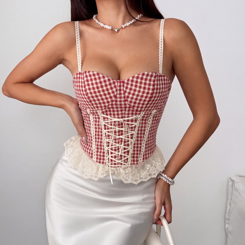 New foreign trade women's clothing: European and American style plaid patchwork lace trim fishbone strap camisole with chest pads and tie straps New foreign trade women's clothing: European and American style plaid patchwork lace trim fishbone strap camisole with chest pads and tie straps