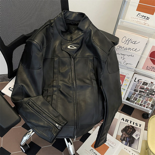 American Style High Street PU Leather Vertical Collar Jacket Men's Spring and Autumn Fashion Brand Street Loose Old Dummy Handsome Casual Motorcycle Jacket