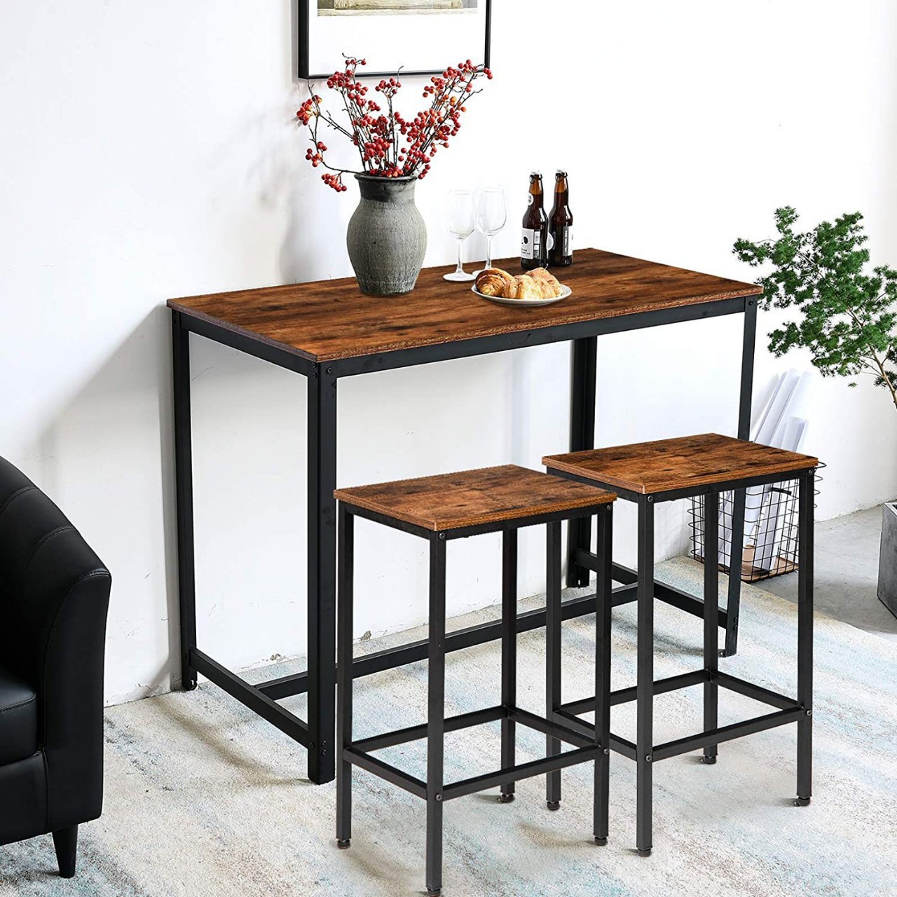 Cross-border Iron with Wood Casual Milk Tea Shop Vintage Bar Table Bar suit Practical Combination Dining Table with Chair