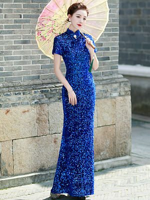 Royal Blue Purple Sequins Qipao Chinese Dresses catwalk cheongsam long stage costumes to restore ancient ways improved young sequined fishtail gown skirt 