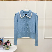 2022年秋冬新款鈎織娃娃領泡泡袖藍色毛衣單排扣針織開衫外套女