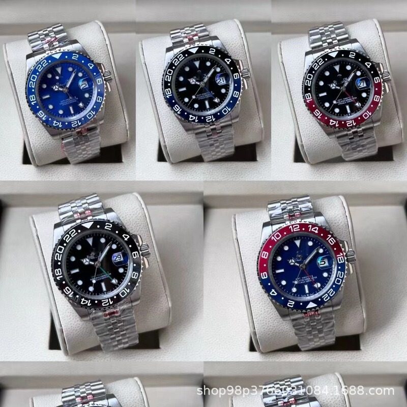 Laojia GMT Greenwich Coke Circle Left-Handed Mechanical Watch Men's Watch Sprite Circle Steel Band Rubber Strap Wristwatch